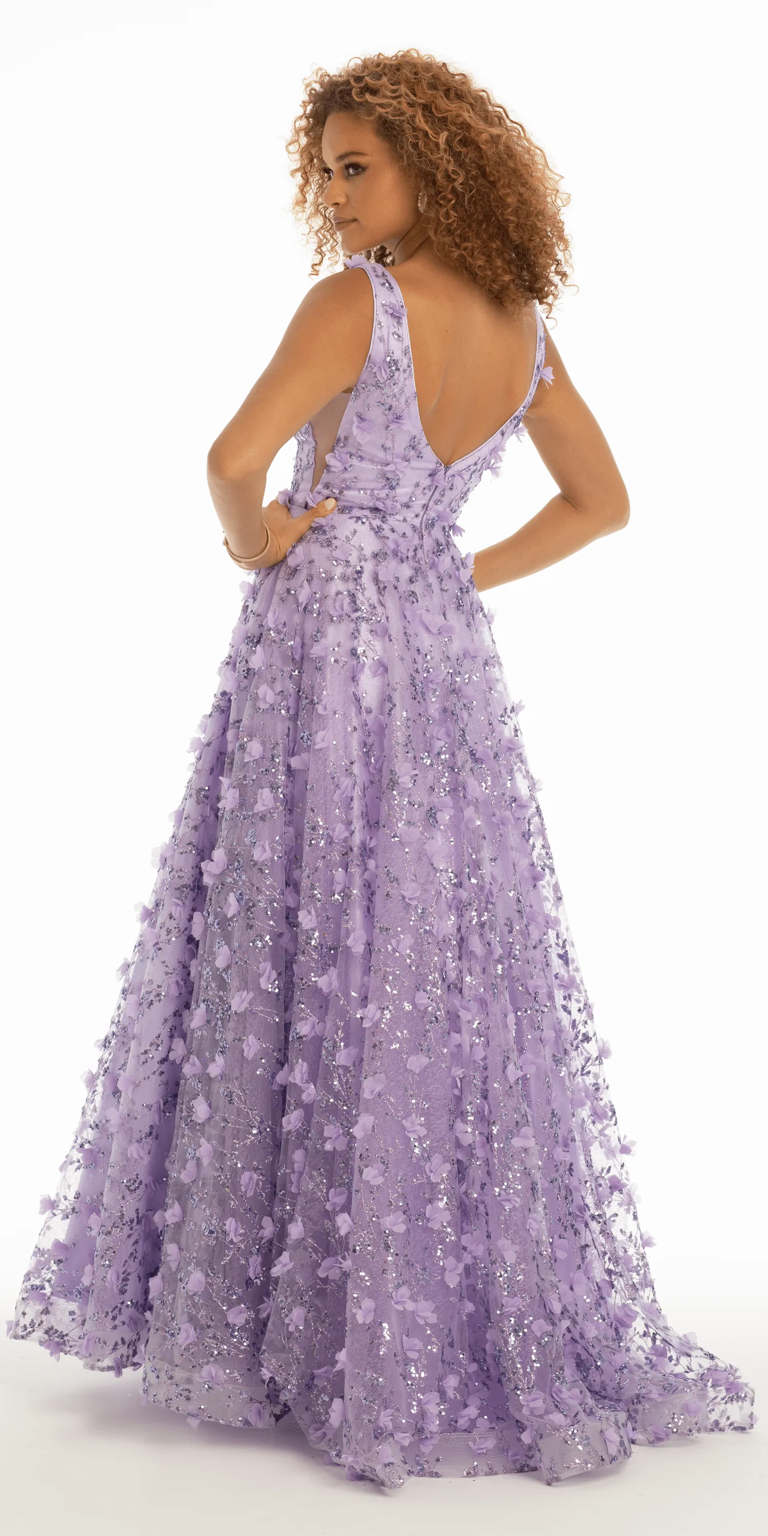 3D Glitter Plunging Tulle Ballgown