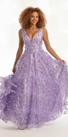 3D Glitter Plunging Tulle Ballgown