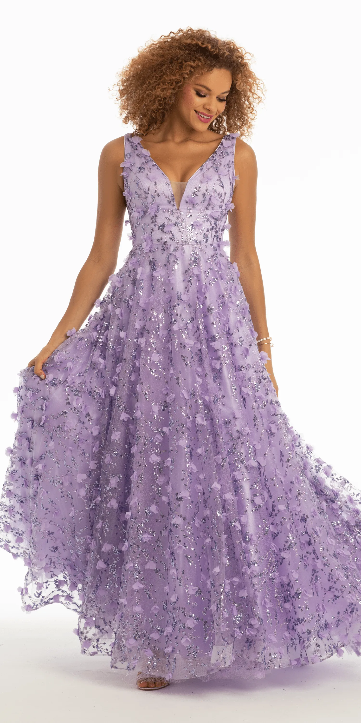 3D Glitter Plunging Tulle Ballgown