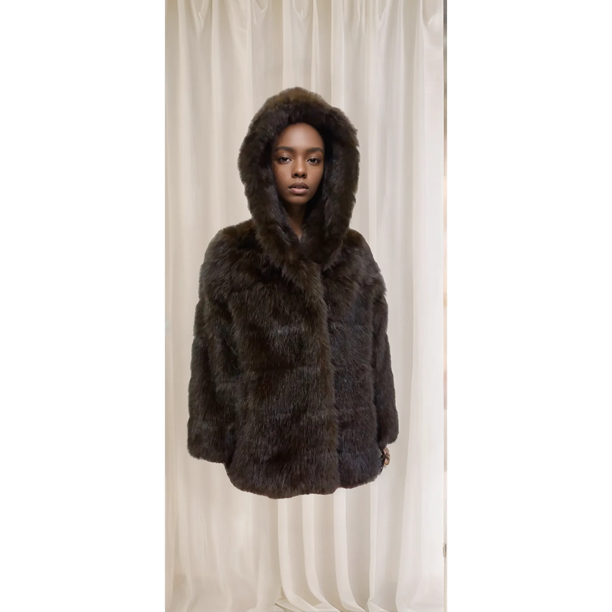 AJE Brown Vegan Fur Mink Hooded Coat