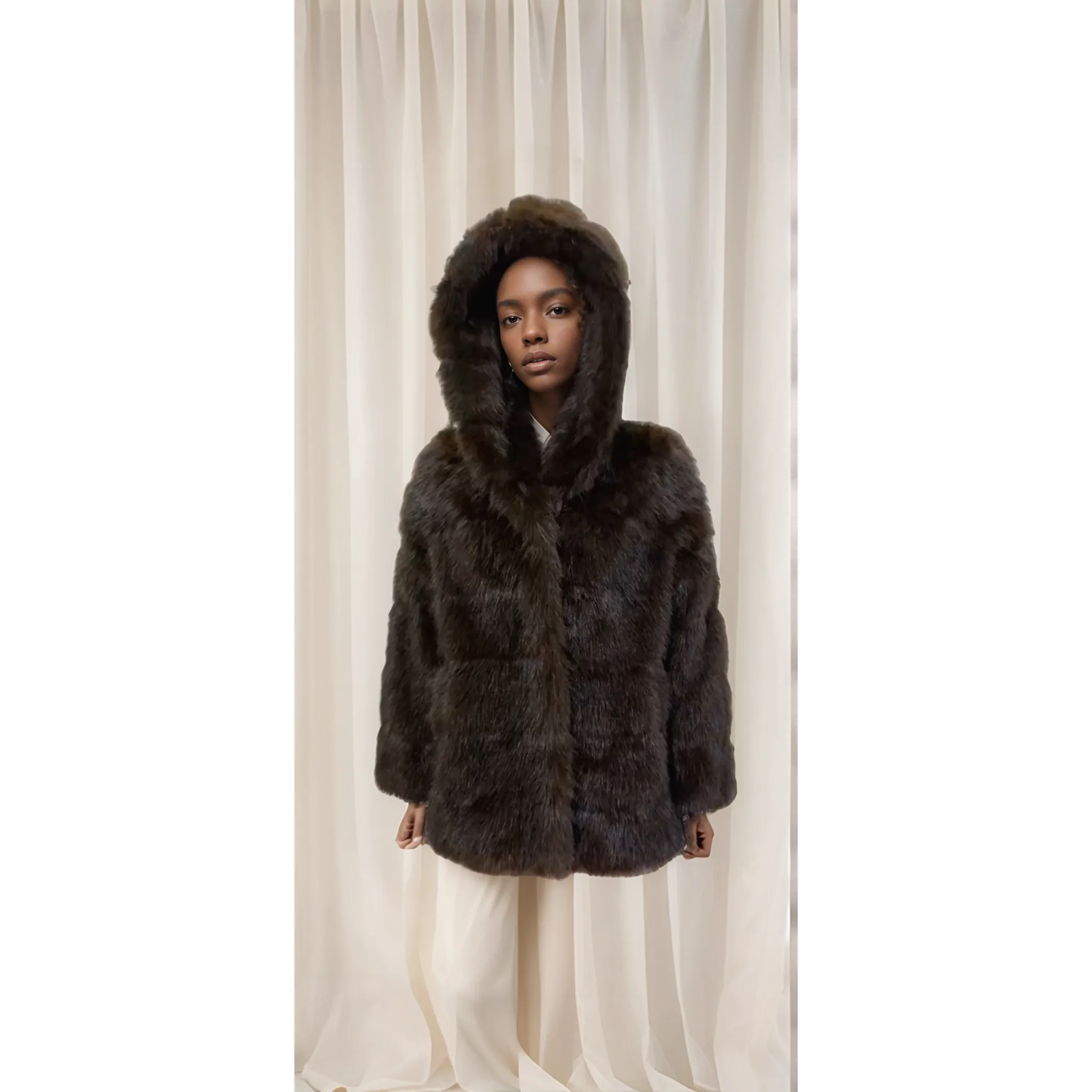 AJE Brown Vegan Fur Mink Hooded Coat