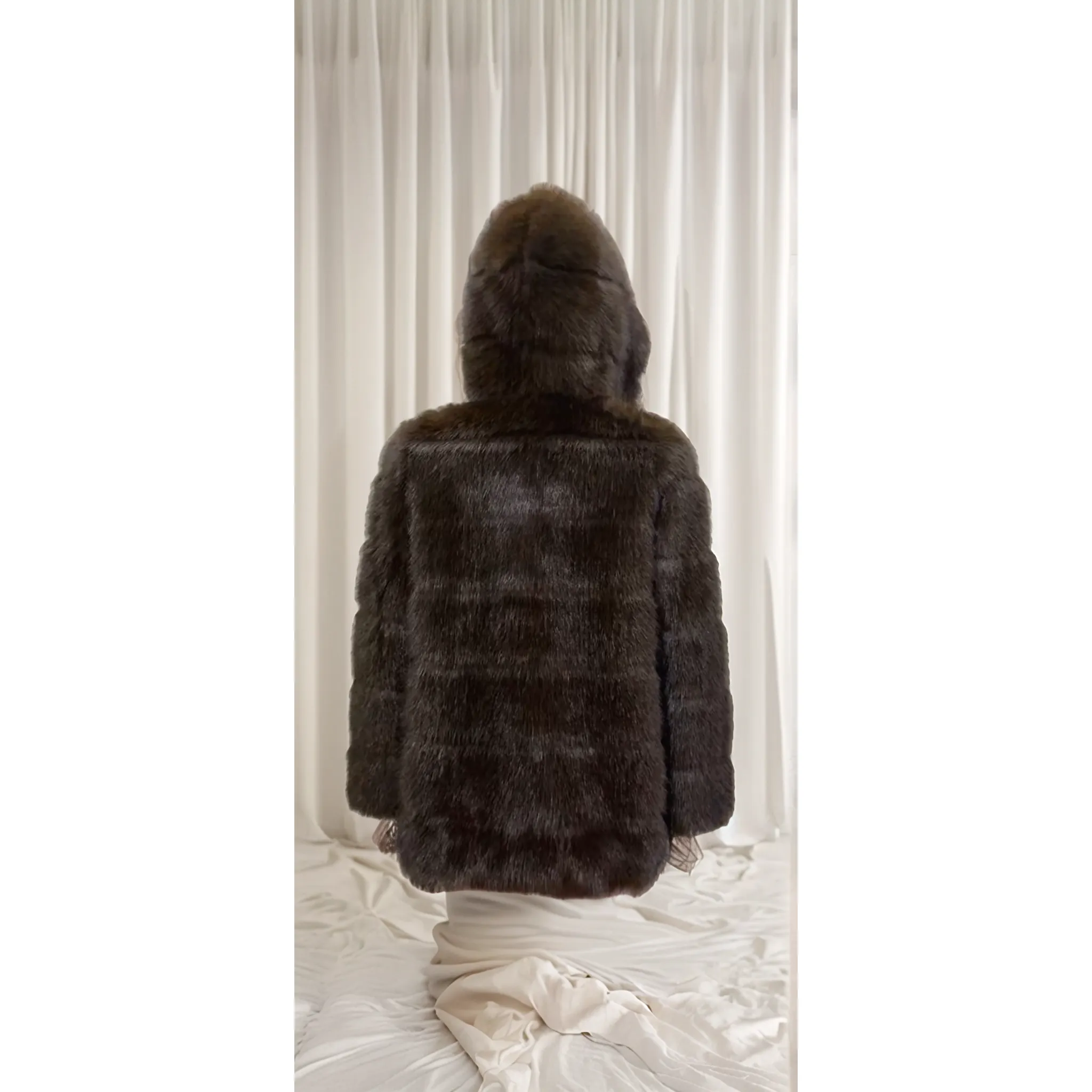 AJE Brown Vegan Fur Mink Hooded Coat