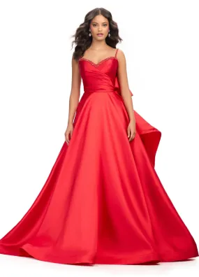 Ashley Lauren 11769 Satin Ballgown with Bow Formal Dress Sweetheart Neckline Ruched Bodice Full Skirt with Train