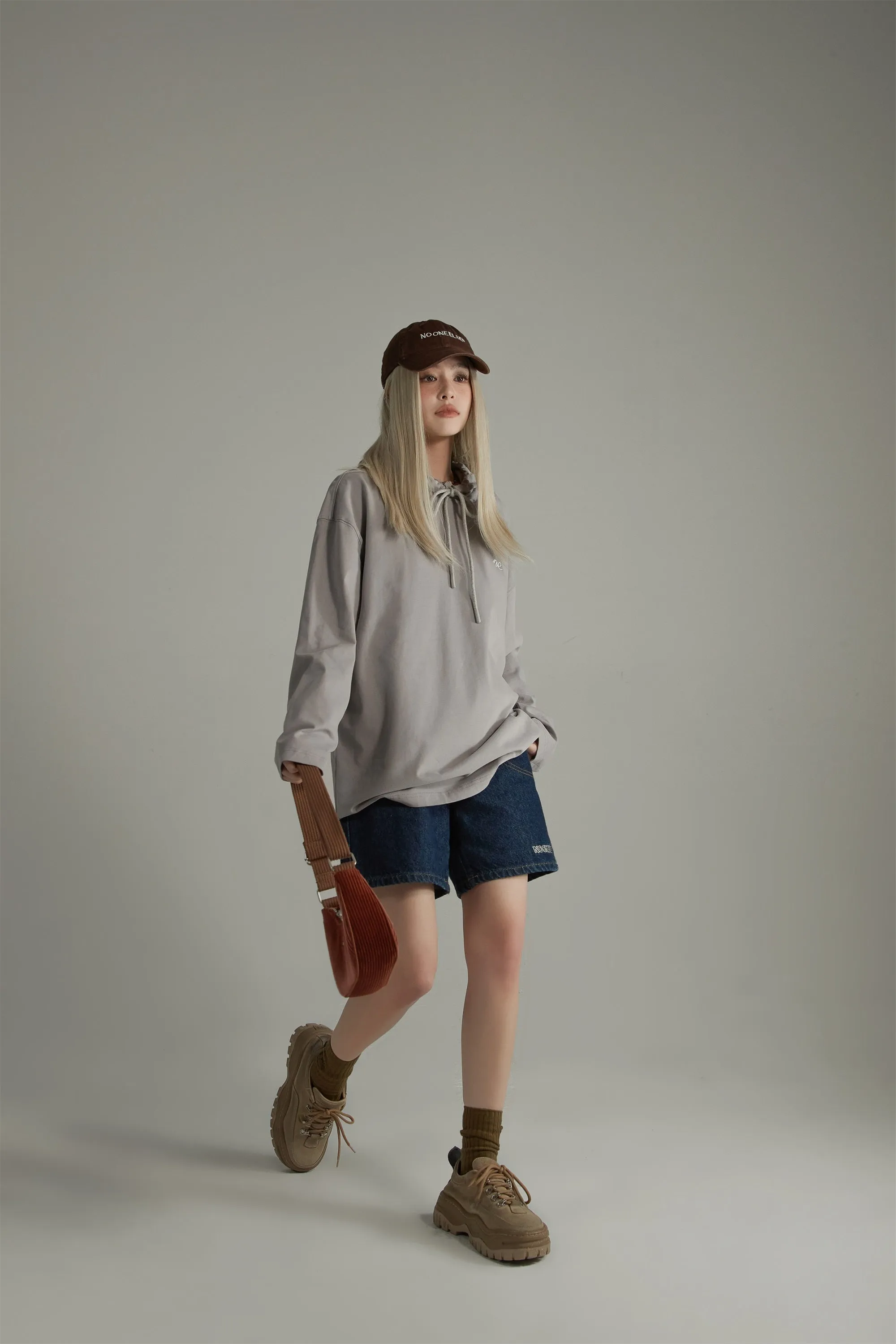 Basic Loose Fit Neck String Hoodie