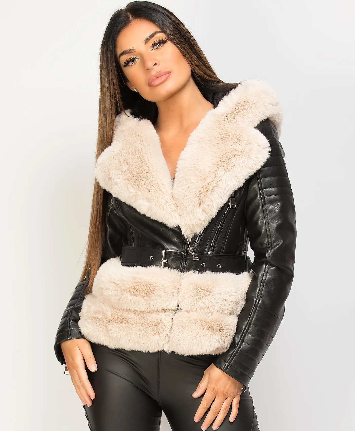 Black Beige Faux Fur Trim PU PVC Hooded Biker Jacket