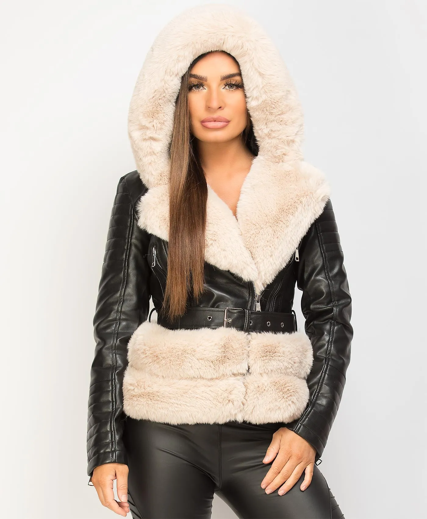 Black Beige Faux Fur Trim PU PVC Hooded Biker Jacket