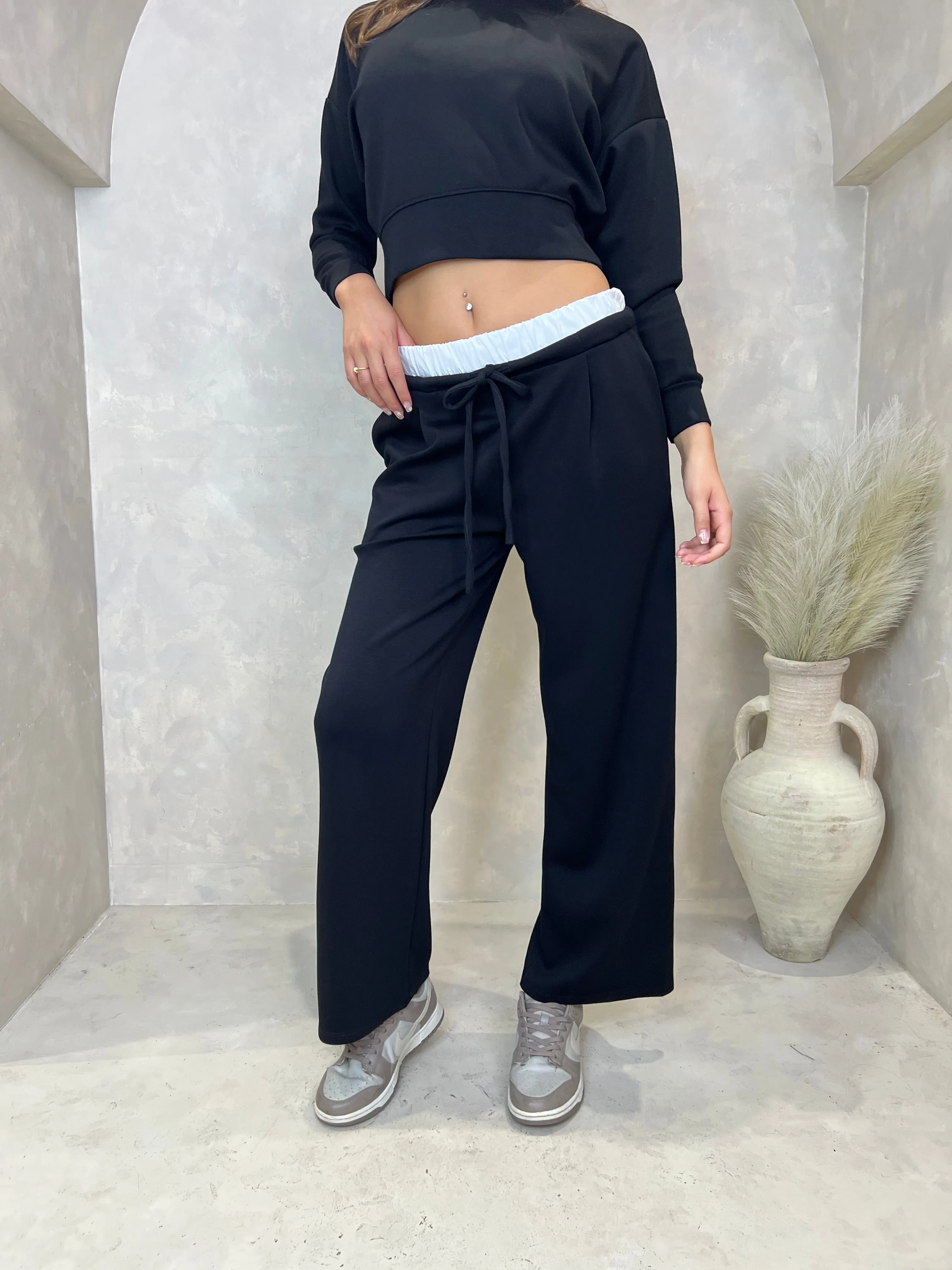 Black Drawstring Wide Leg Trousers