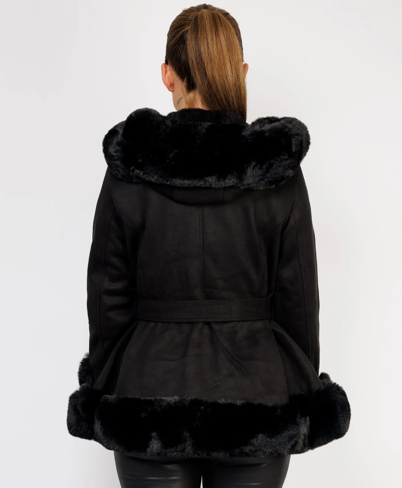 Black Faux Suede Fur Trim Hem Hooded Swing Jacket