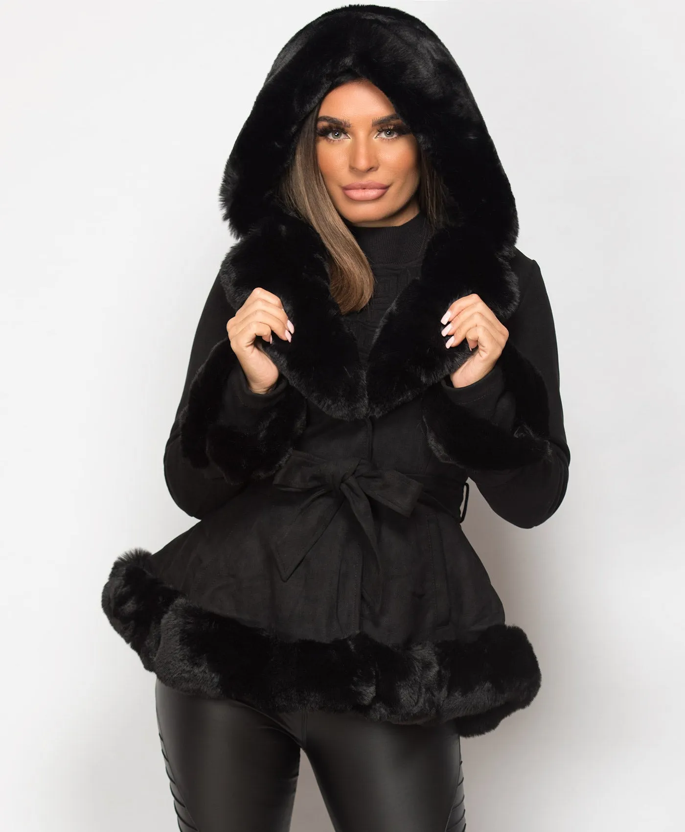 Black Faux Suede Fur Trim Hem Hooded Swing Jacket