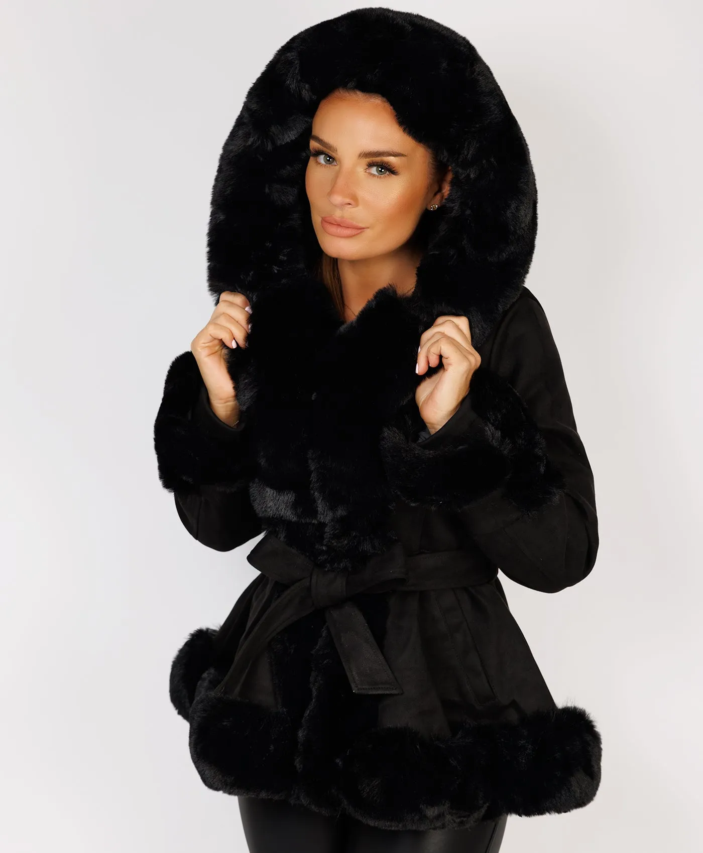 Black Faux Suede Fur Trim Hem Hooded Swing Jacket