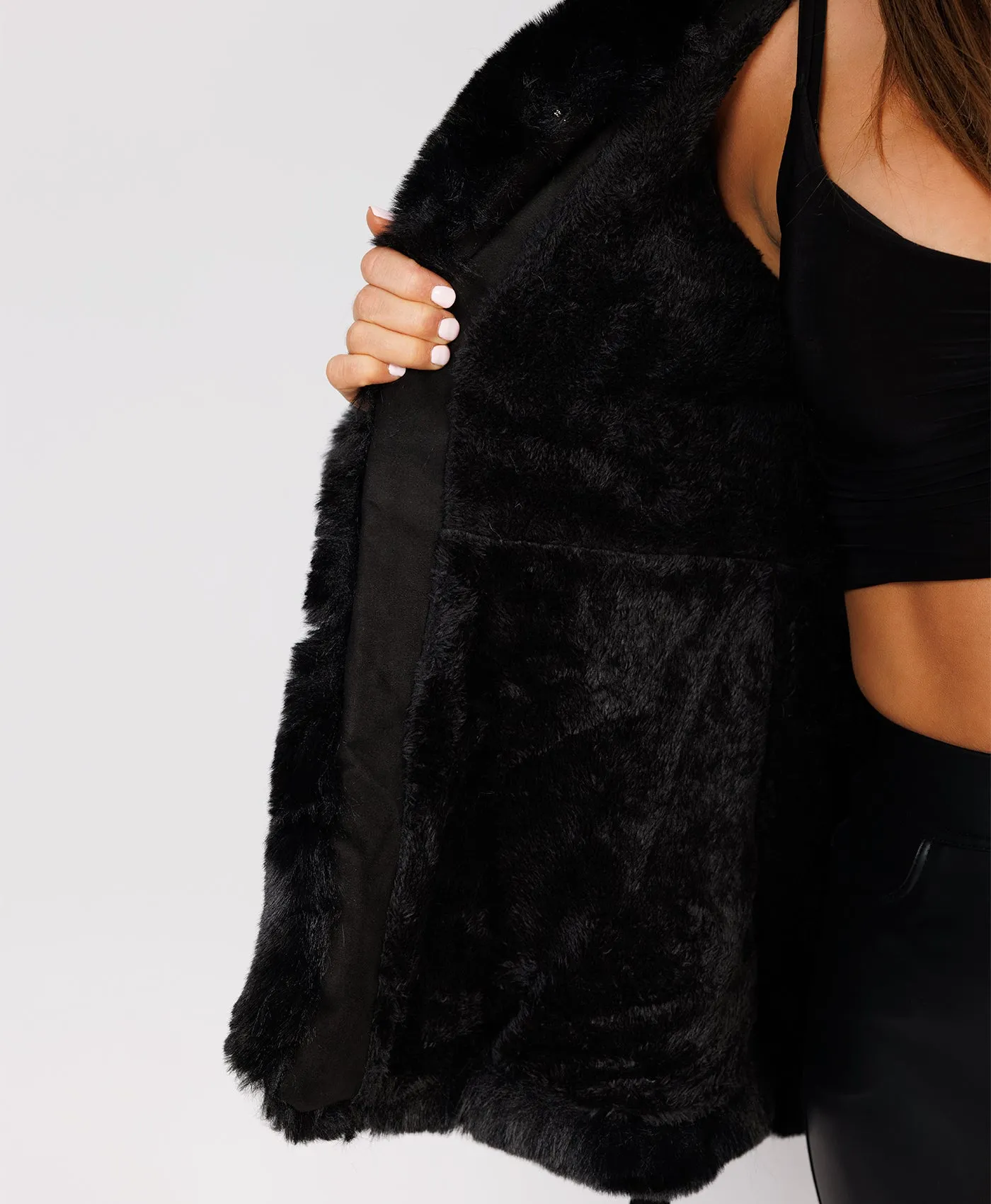 Black Faux Suede Fur Trim Hem Hooded Swing Jacket