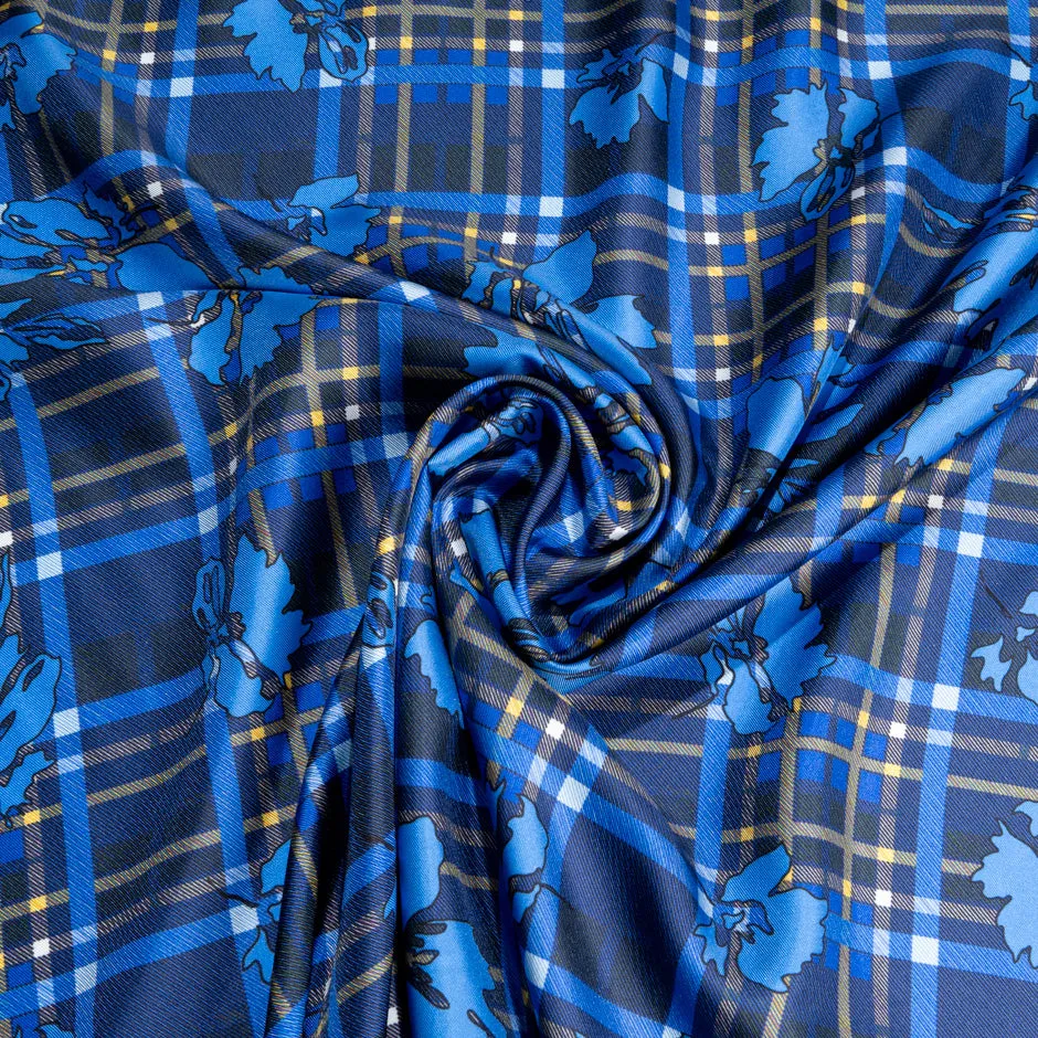 Blue Floral & Tartan Printed Pure Silk Twill