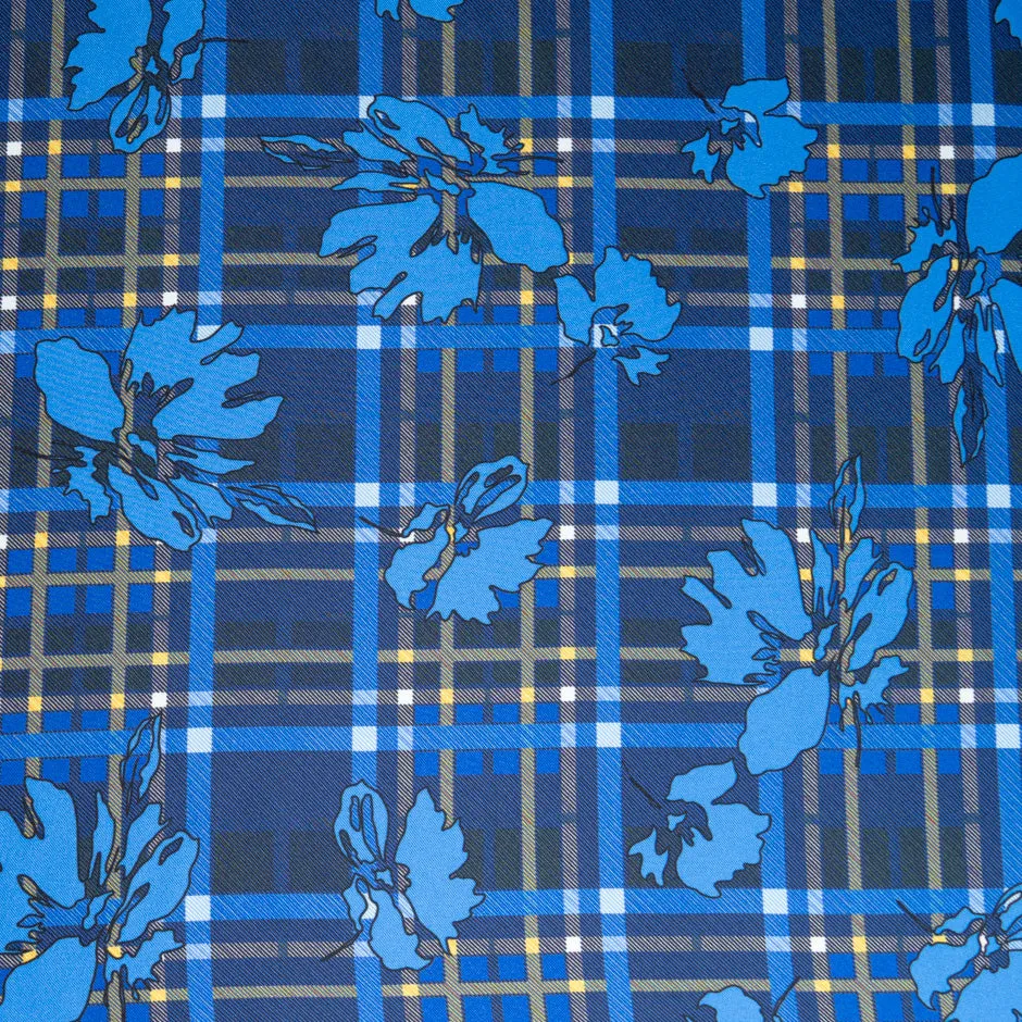 Blue Floral & Tartan Printed Pure Silk Twill