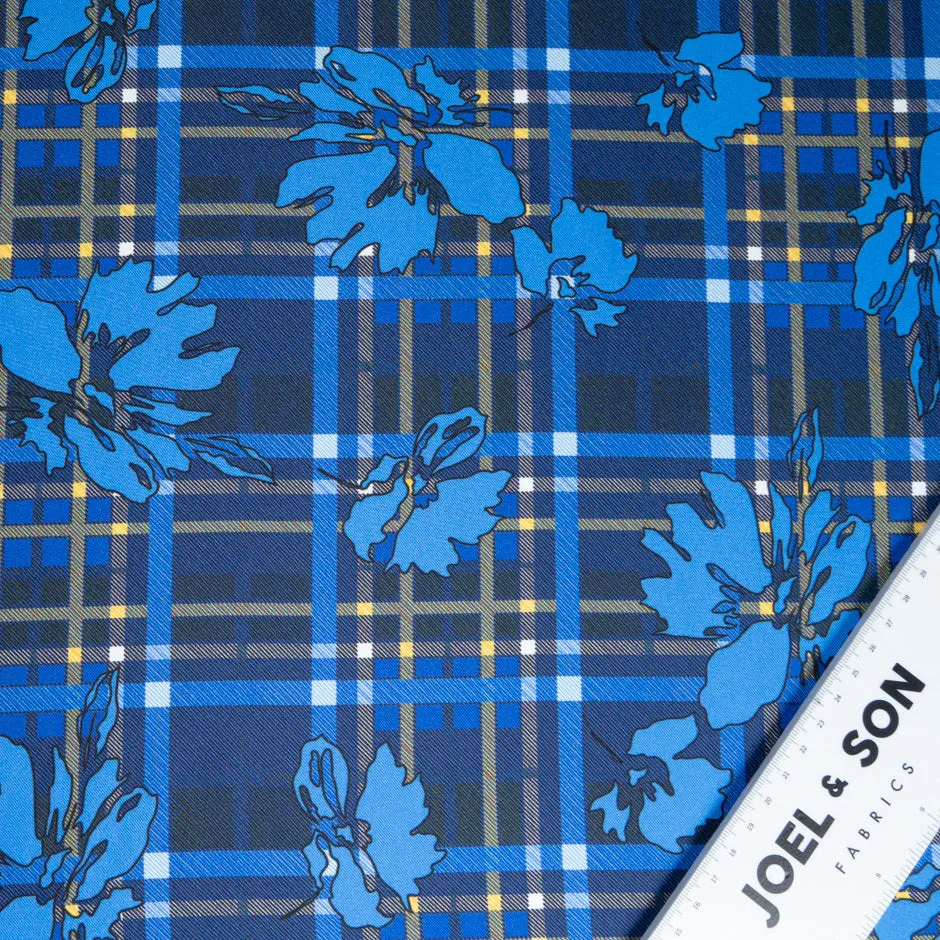 Blue Floral & Tartan Printed Pure Silk Twill