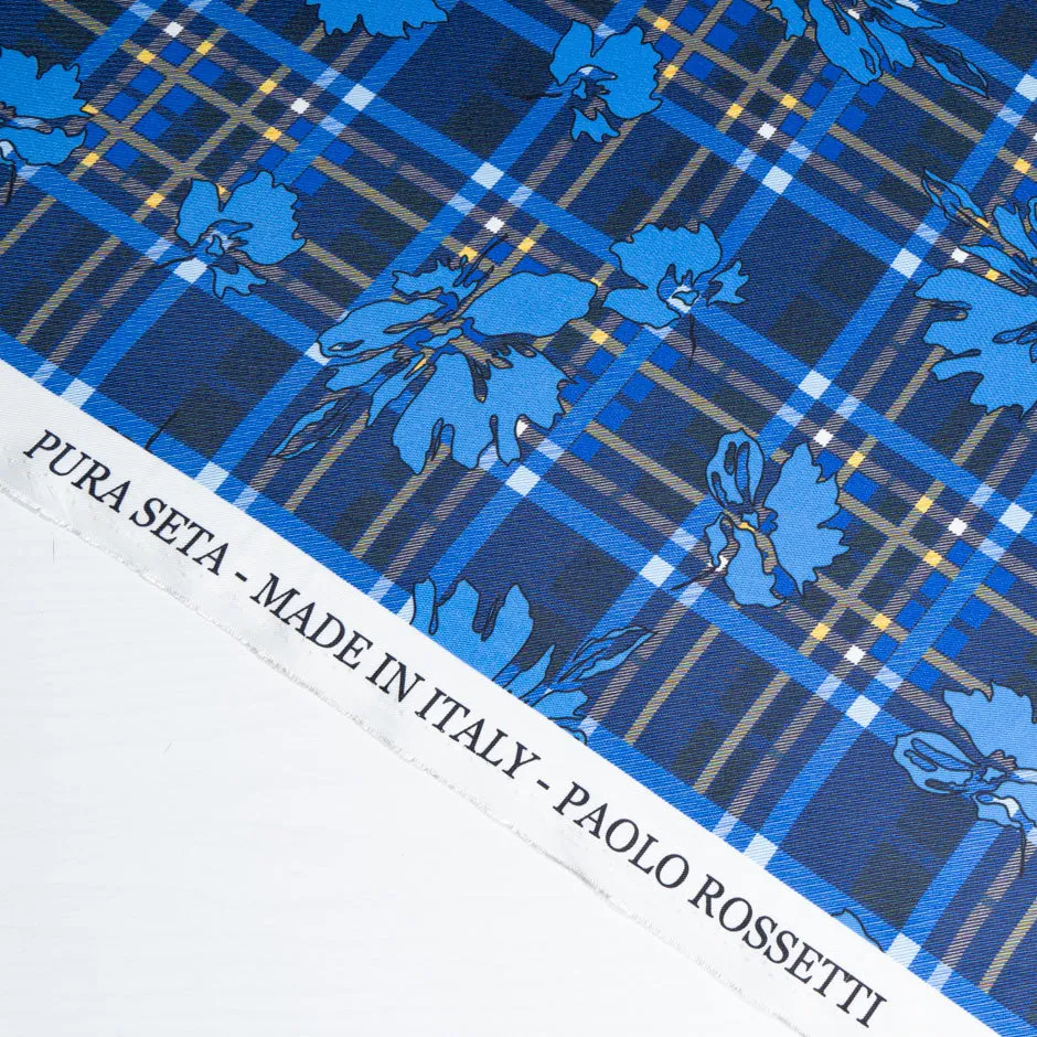 Blue Floral & Tartan Printed Pure Silk Twill