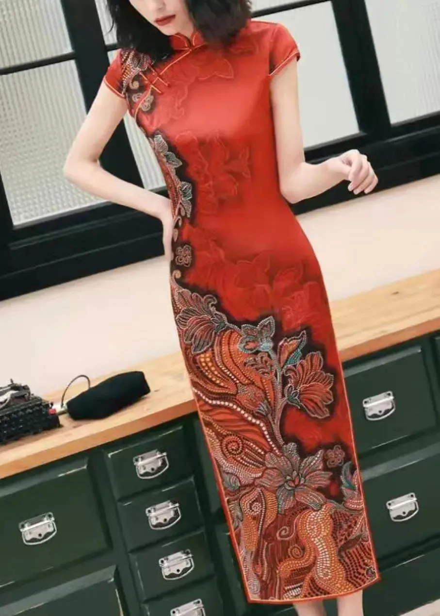 Button Print Side Open Silk Long Dresses