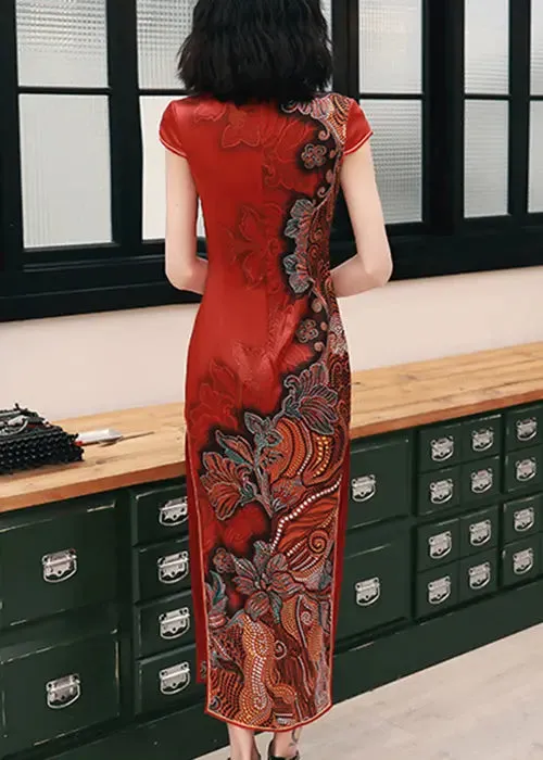 Button Print Side Open Silk Long Dresses