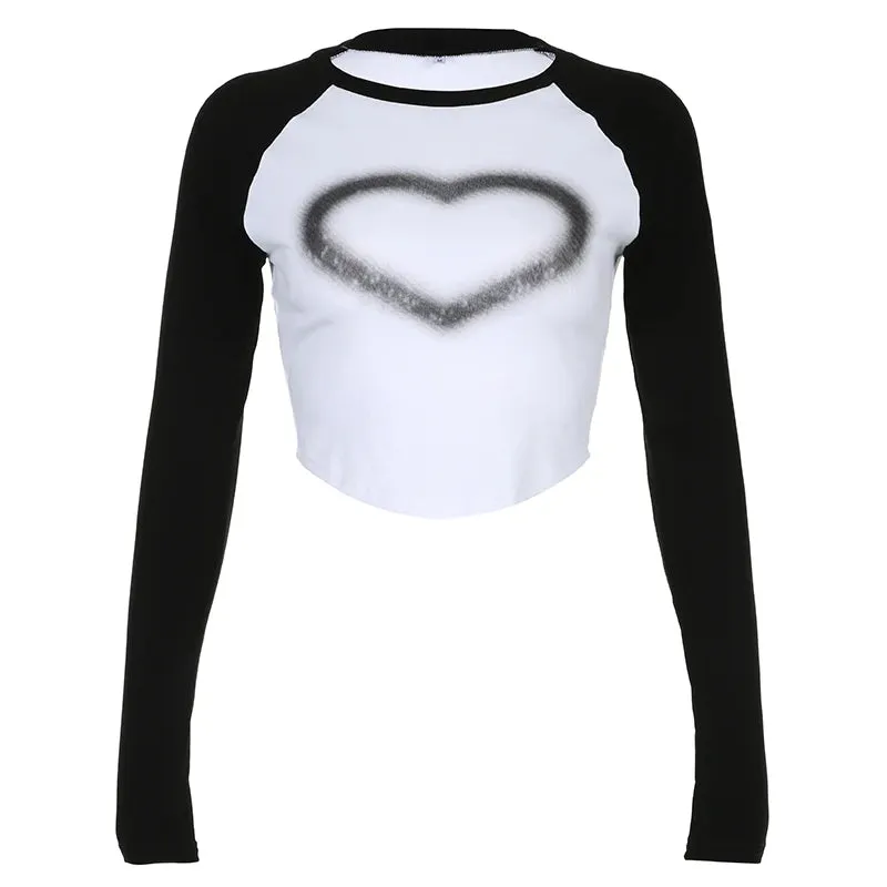 Casual Heart Print Bodycon Crop Top Spliced Contrast Color Autumn Tees Women Korean Preppy Style T shirts Cute Shirts