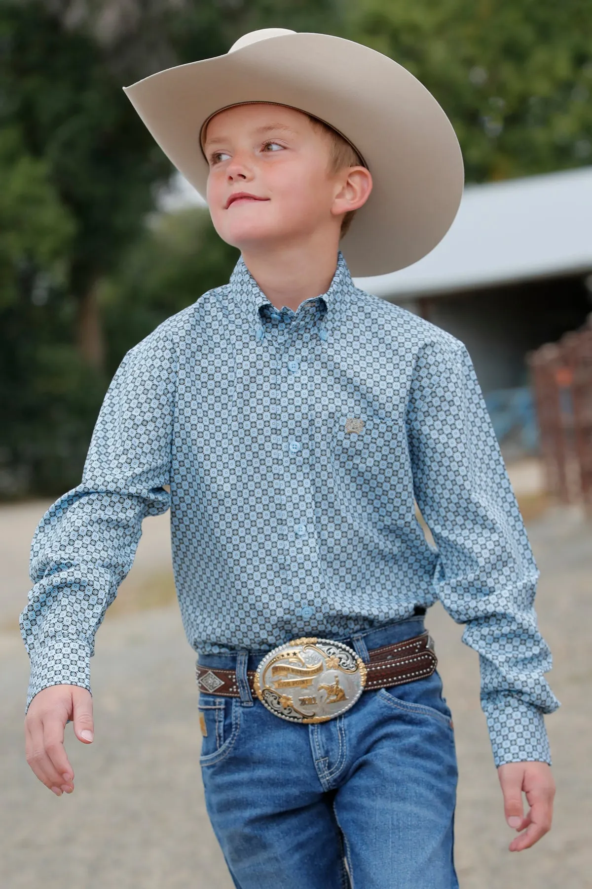 Cinch Boy's Light Blue Geometric Print Button Down Western Shirt