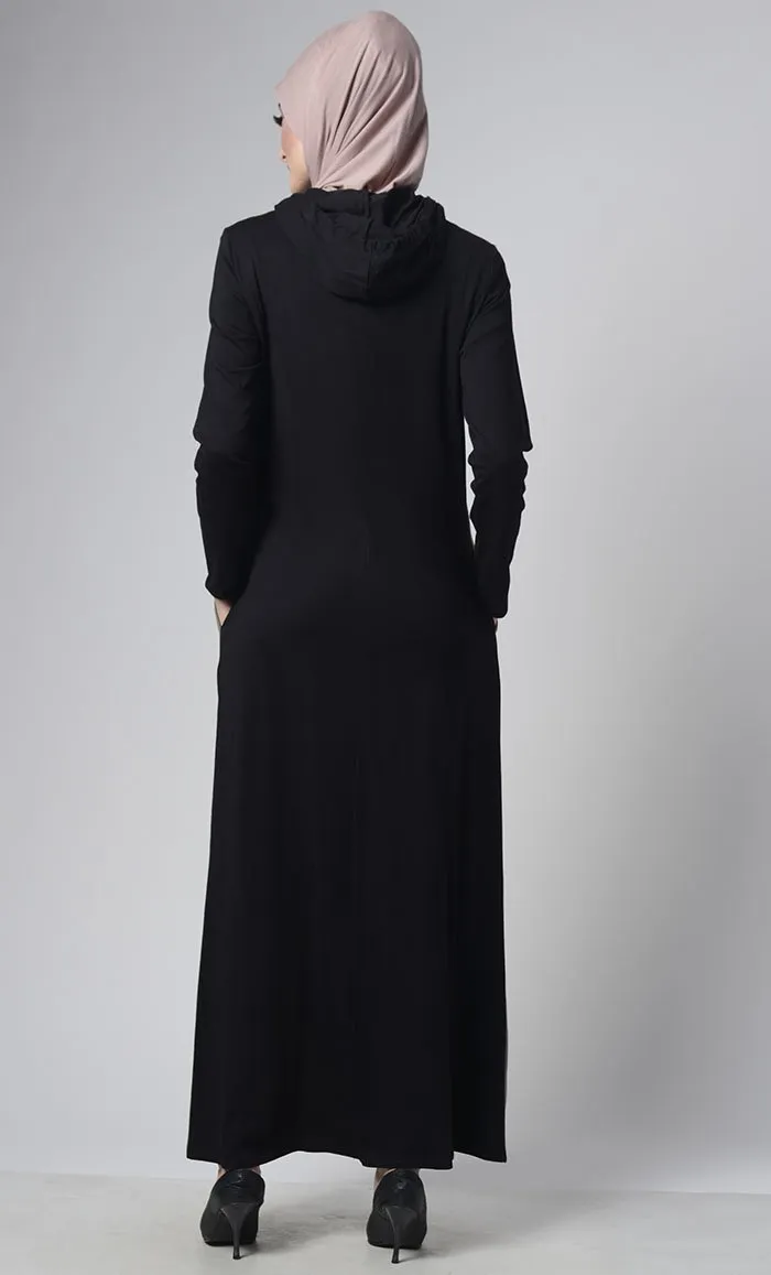 Color Block Basic Jersey Hooded Abaya With Pockets - Final Sale