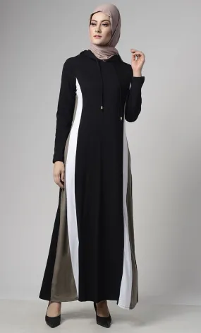 Color Block Basic Jersey Hooded Abaya With Pockets - Final Sale