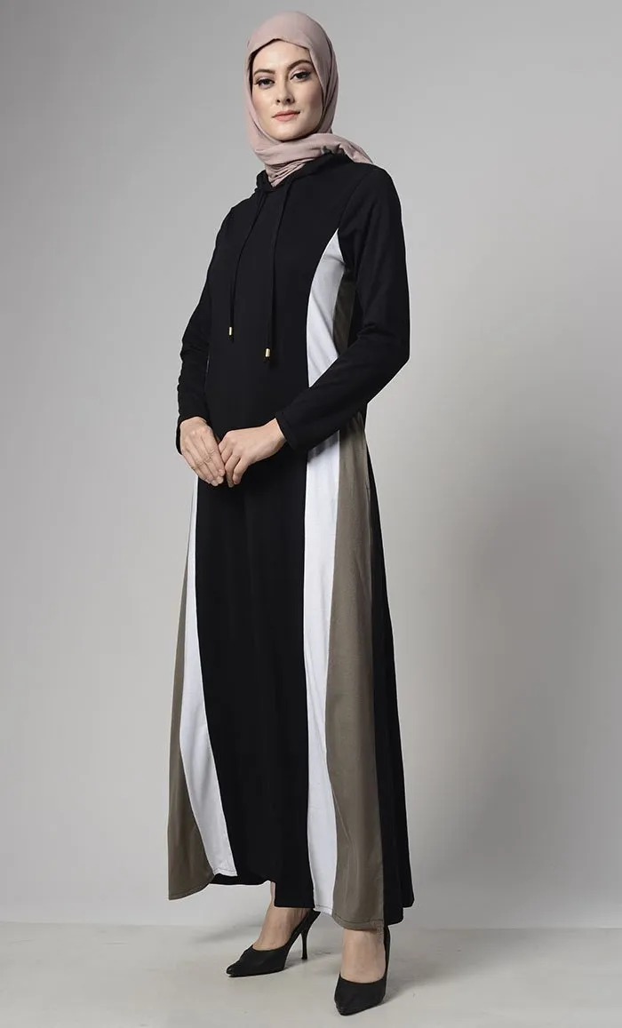 Color Block Basic Jersey Hooded Abaya With Pockets - Final Sale