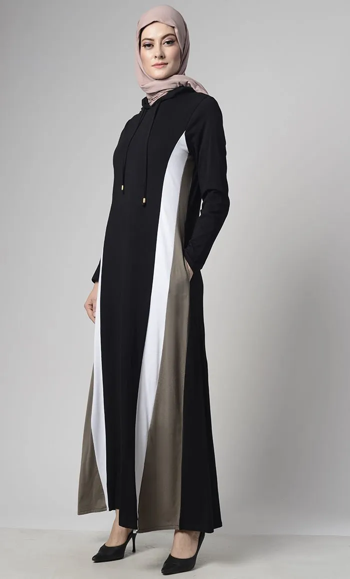 Color Block Basic Jersey Hooded Abaya With Pockets - Final Sale