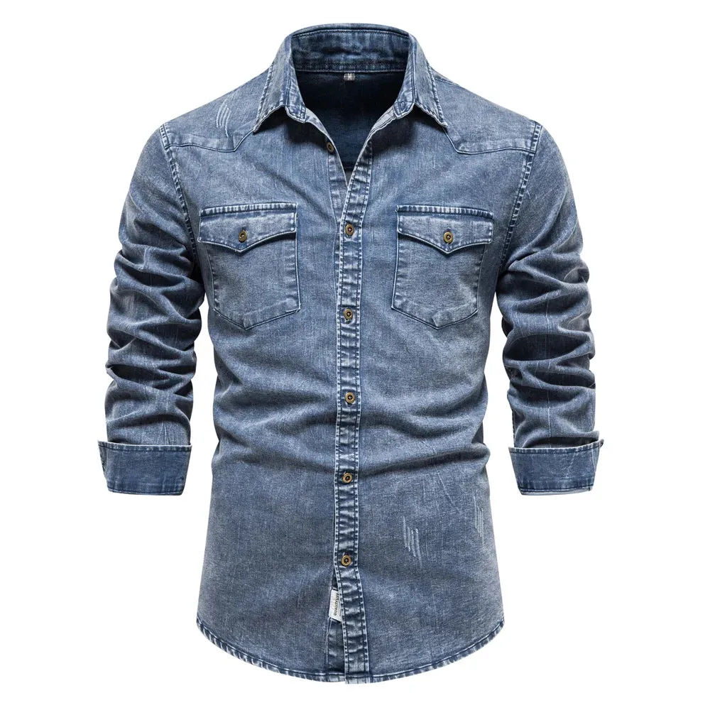 Cotton Men Denim Shirts Double Pocket Solid Color Casual Male Cowboy Shirts New Autumn Slim Quality Shirts for Men