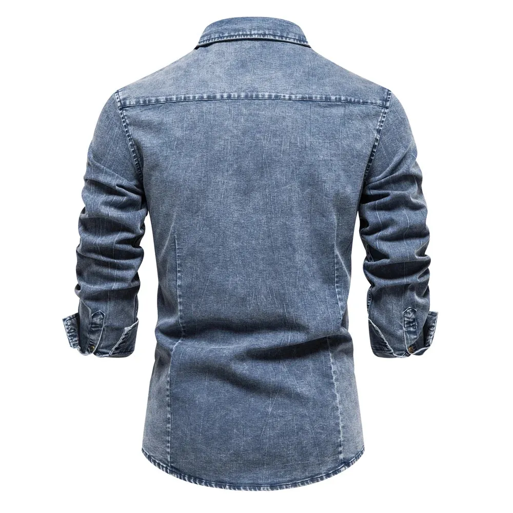 Cotton Men Denim Shirts Double Pocket Solid Color Casual Male Cowboy Shirts New Autumn Slim Quality Shirts for Men