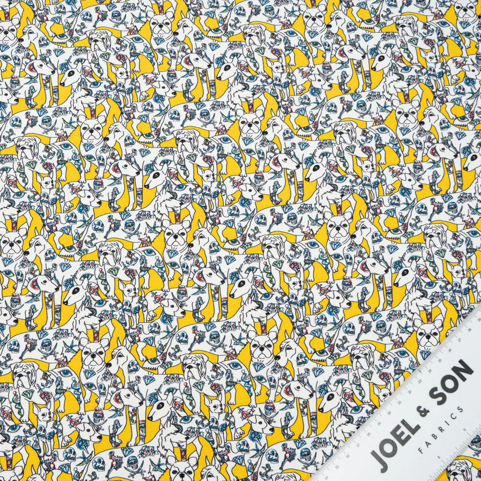 Dog Printed Canary Yellow Pure Silk Twill