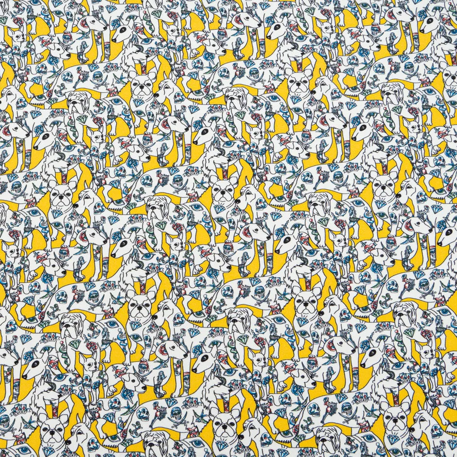 Dog Printed Canary Yellow Pure Silk Twill