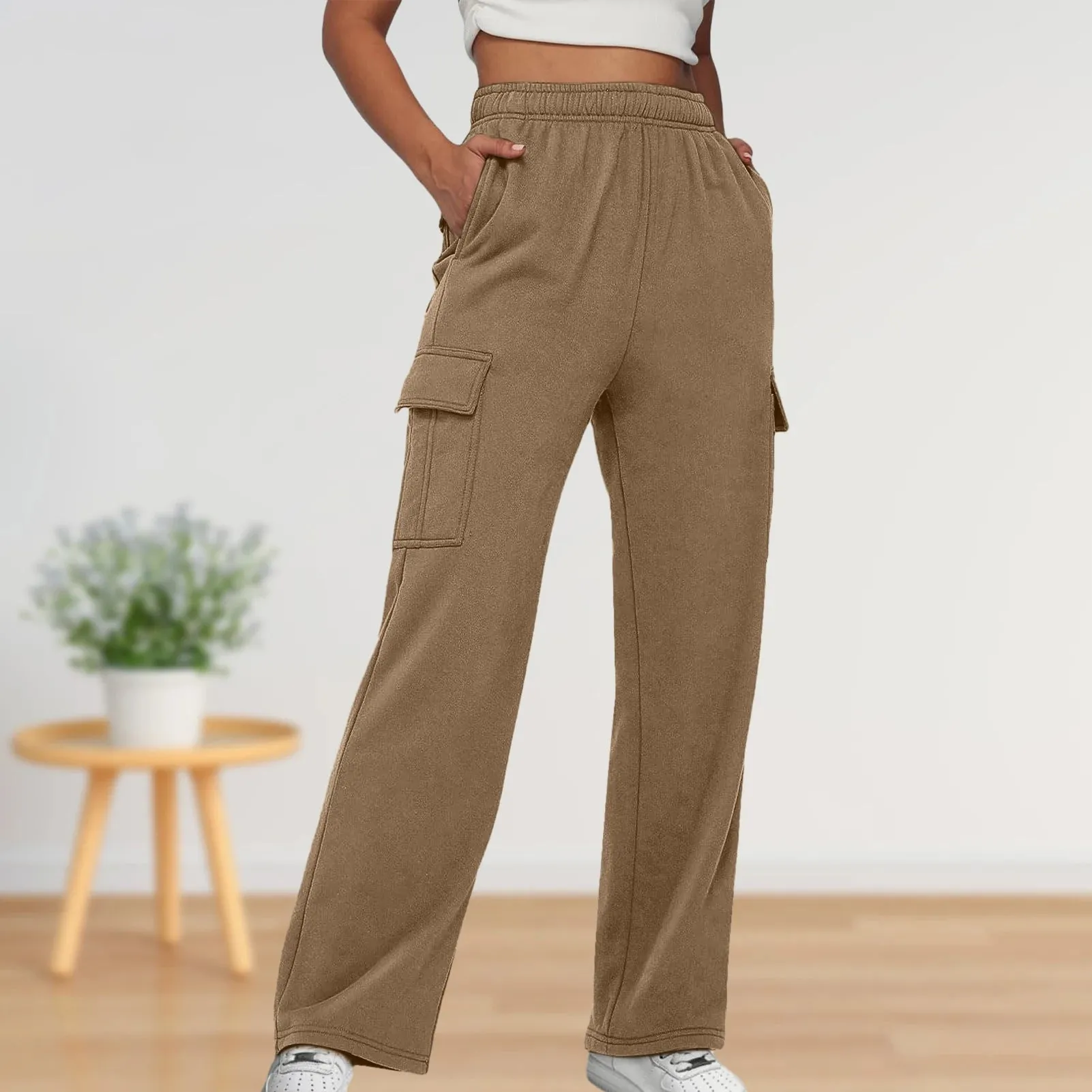 Elastic Waist Cargo Sweatpants Solid Color Women Straight Leg Pants