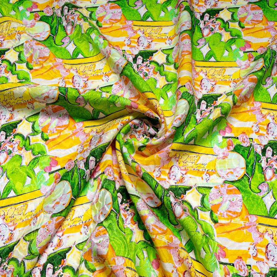 Green & Yellow Abstract Printed Silk Jacquard