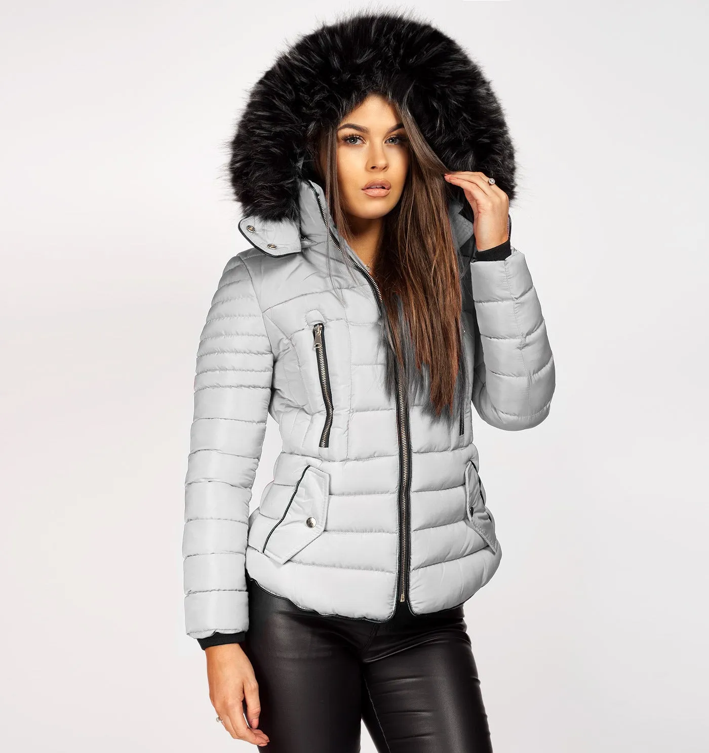 Grey Faux Fur Hooded Double Zip Padded Puffer Jacket