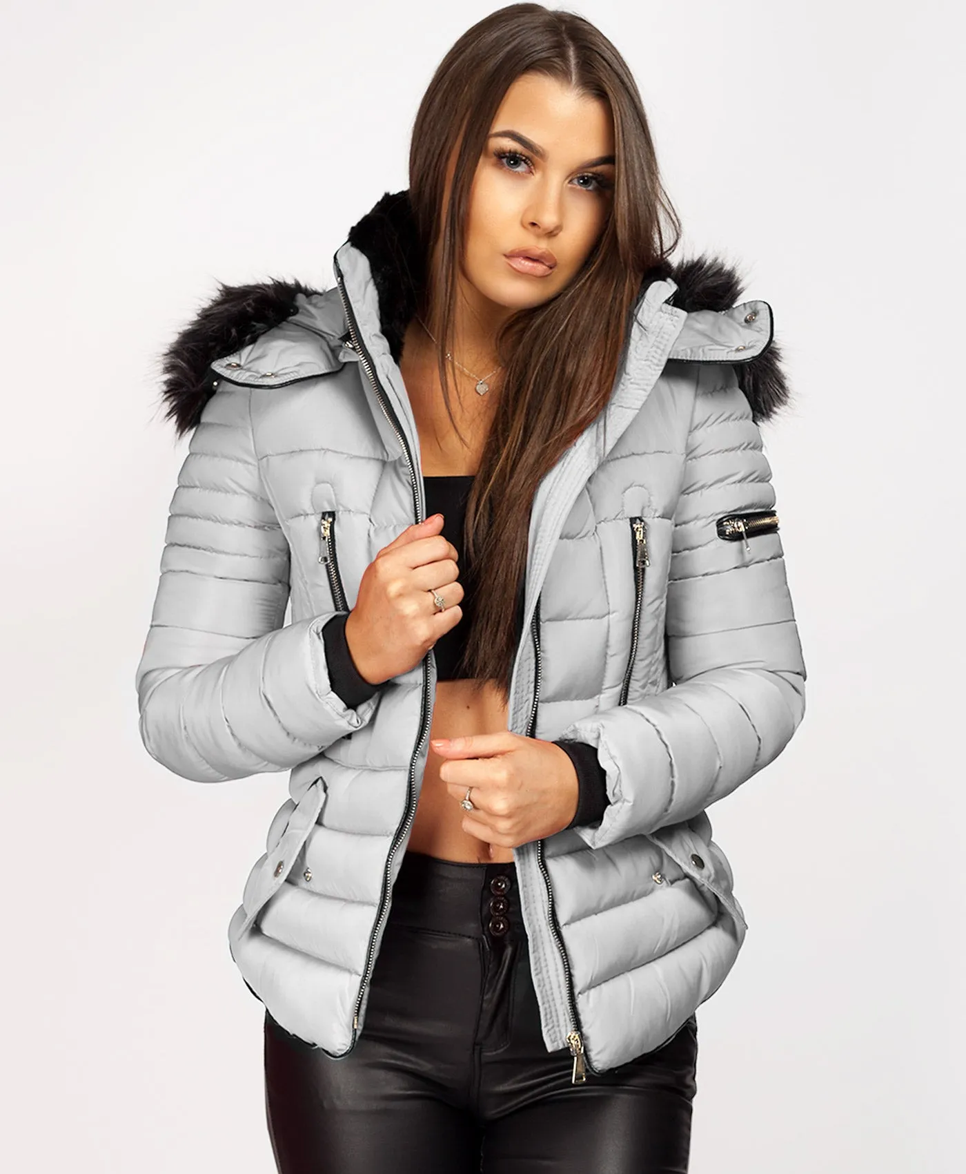 Grey Faux Fur Hooded Double Zip Padded Puffer Jacket