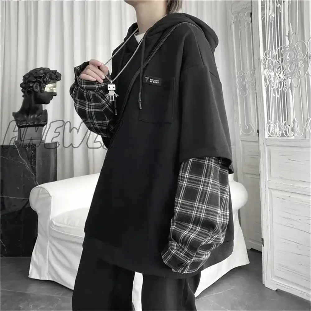 Hnewly Black Hip Hop Hoodie Women Harajuku Plaid Sweatshirts Japan Kawaii Femme Casual Pullover Tops Gray Oversized Basic Hoodies