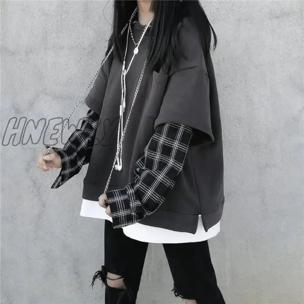 Hnewly Black Hip Hop Hoodie Women Harajuku Plaid Sweatshirts Japan Kawaii Femme Casual Pullover Tops Gray Oversized Basic Hoodies