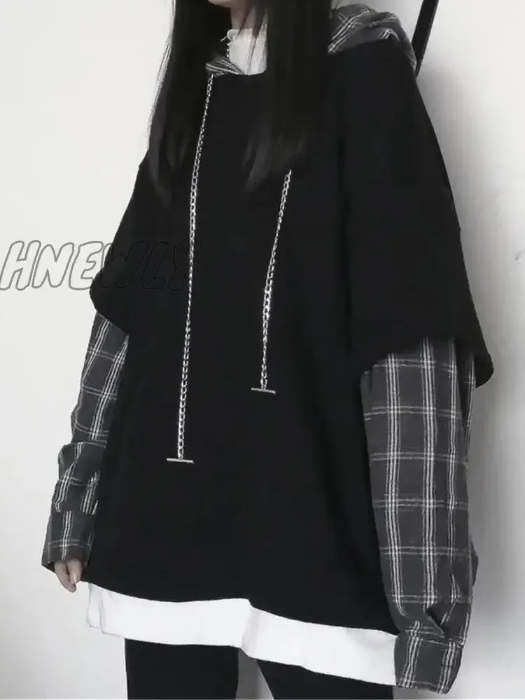 Hnewly Black Hip Hop Hoodie Women Harajuku Plaid Sweatshirts Japan Kawaii Femme Casual Pullover Tops Gray Oversized Basic Hoodies