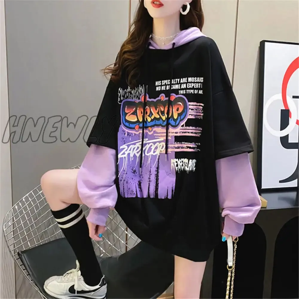 Hnewly Black Hip Hop Hoodie Women Harajuku Plaid Sweatshirts Japan Kawaii Femme Casual Pullover Tops Gray Oversized Basic Hoodies