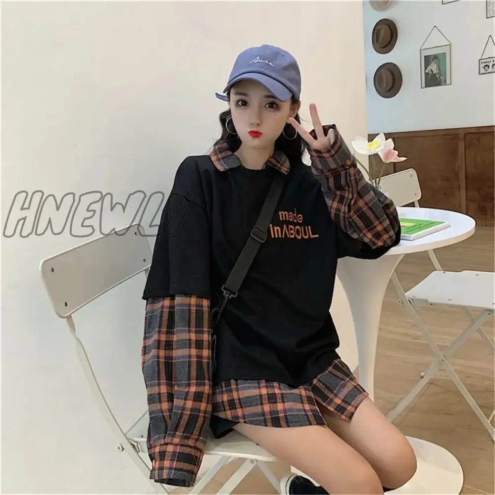 Hnewly Black Hip Hop Hoodie Women Harajuku Plaid Sweatshirts Japan Kawaii Femme Casual Pullover Tops Gray Oversized Basic Hoodies