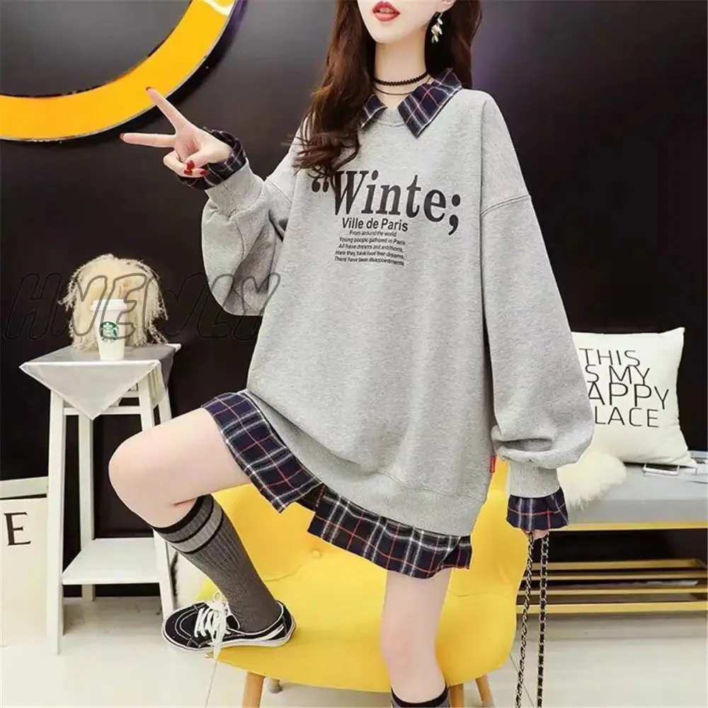 Hnewly Black Hip Hop Hoodie Women Harajuku Plaid Sweatshirts Japan Kawaii Femme Casual Pullover Tops Gray Oversized Basic Hoodies