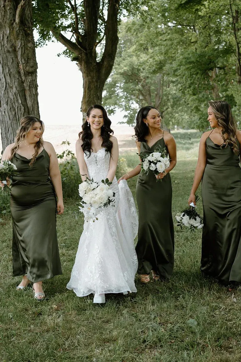 Hunter Green Silk Satin Cowl Neck Bridesmaid Dresses