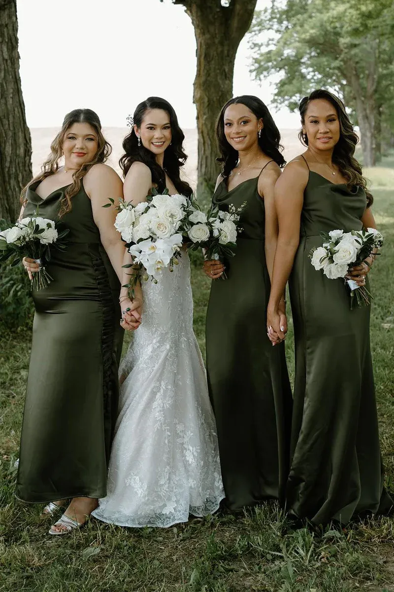 Hunter Green Silk Satin Cowl Neck Bridesmaid Dresses