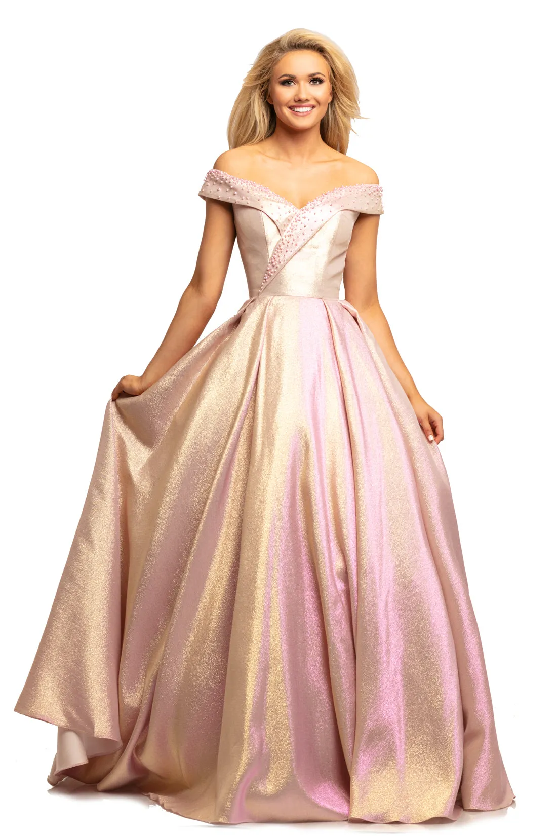 Johnathan Kayne 2072 Size 22 Pink Metallic Shimmer Formal Dress Off Shoulder Prom Ballgown