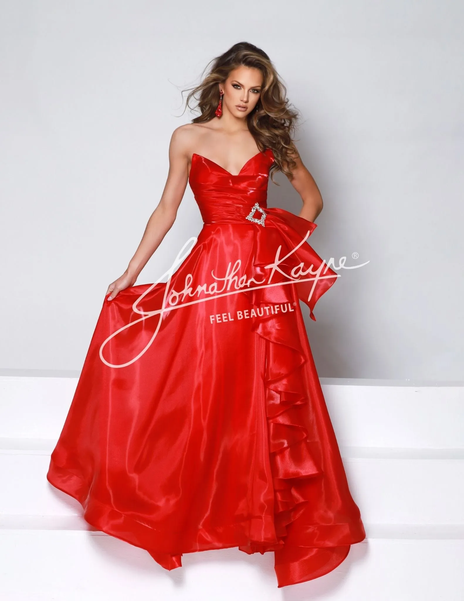 Johnathan Kayne 2962 mirror organza ballgown pointed sweetheart neckline crystal belt ruffles