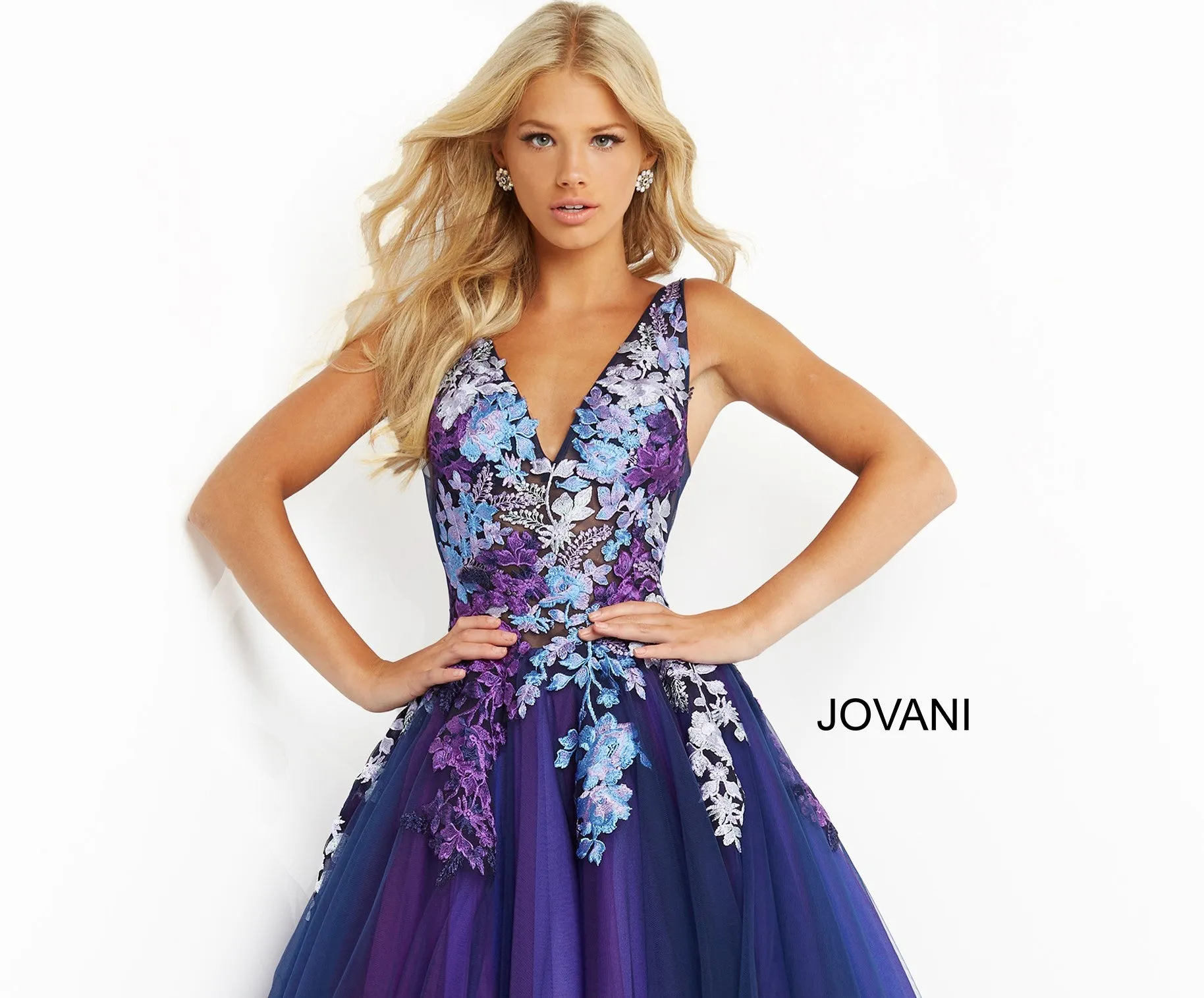 Jovani 06807 Navy Multi Long Prom Dress Ballgown Embroidered Flowers Tulle Skirt