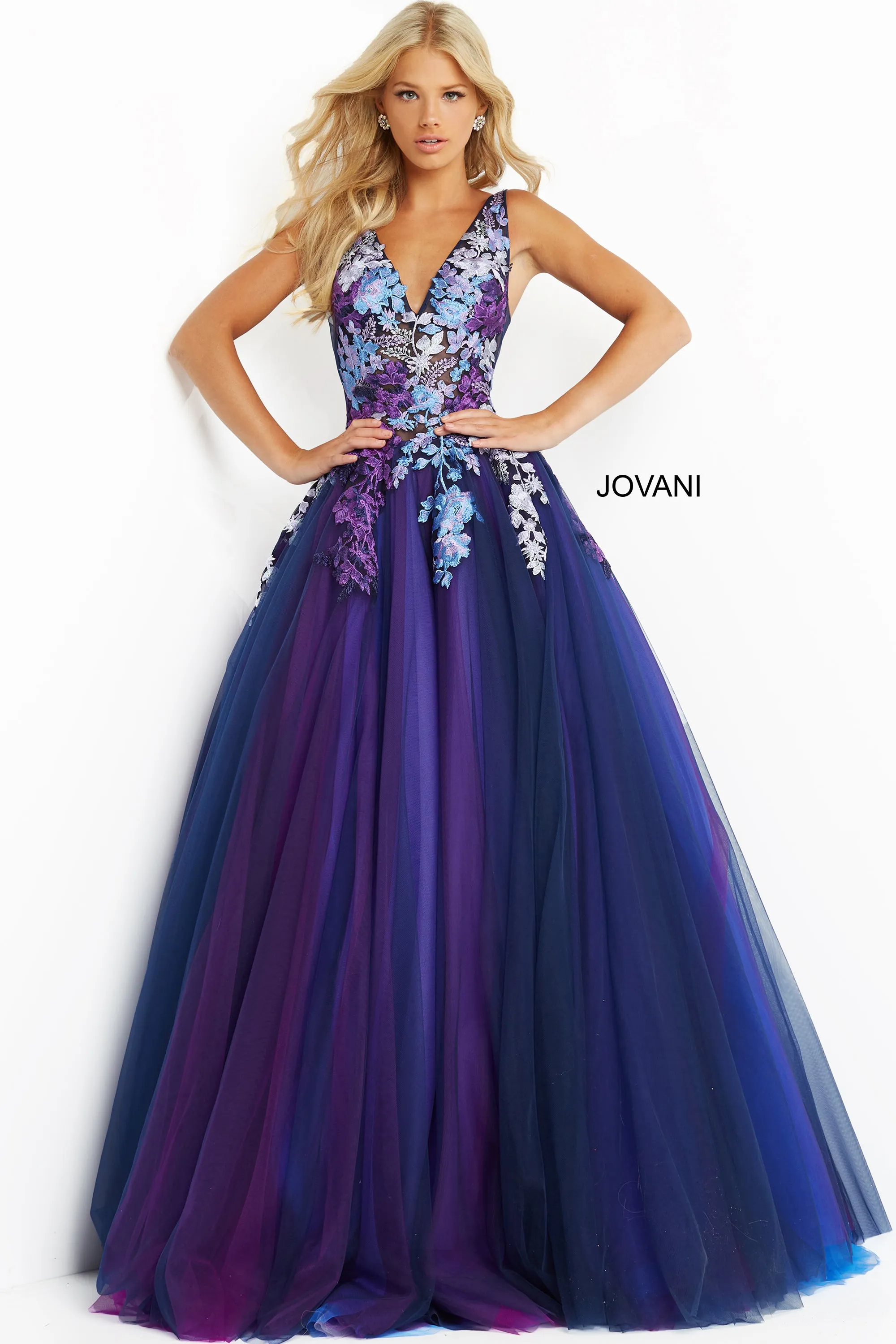 Jovani 06807 Navy Multi Long Prom Dress Ballgown Embroidered Flowers Tulle Skirt