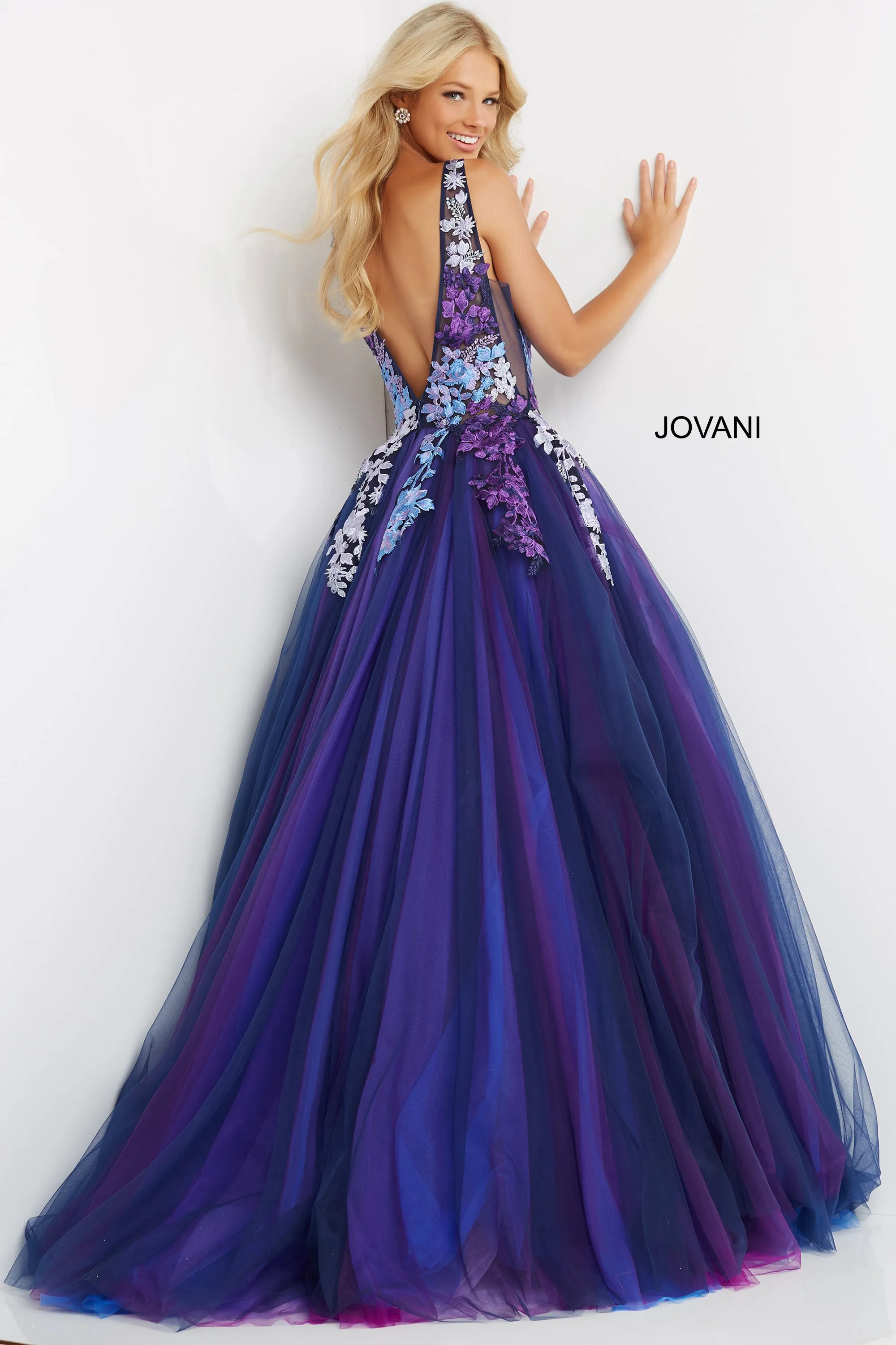 Jovani 06807 Navy Multi Long Prom Dress Ballgown Embroidered Flowers Tulle Skirt