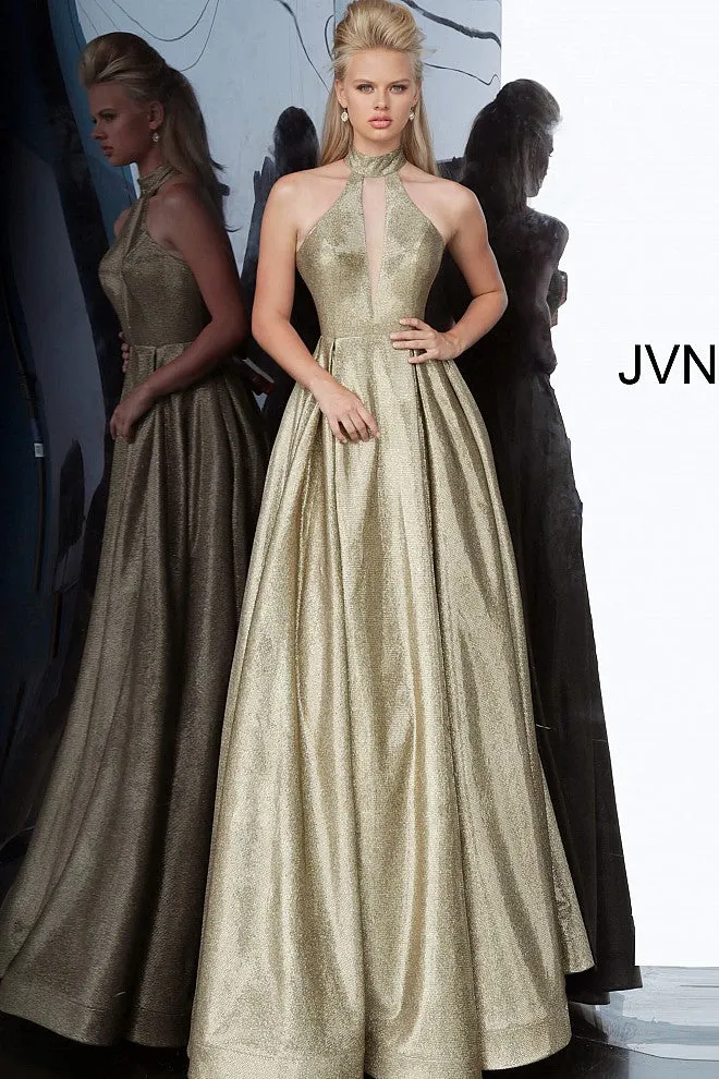 Jovani JVN2368 Size 14 Bronze/Silver Metallic A Line Prom Dress Pockets Ballgown High Neckline