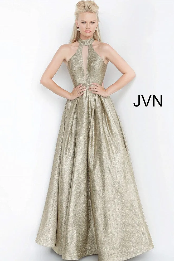 Jovani JVN2368 Size 14 Bronze/Silver Metallic A Line Prom Dress Pockets Ballgown High Neckline